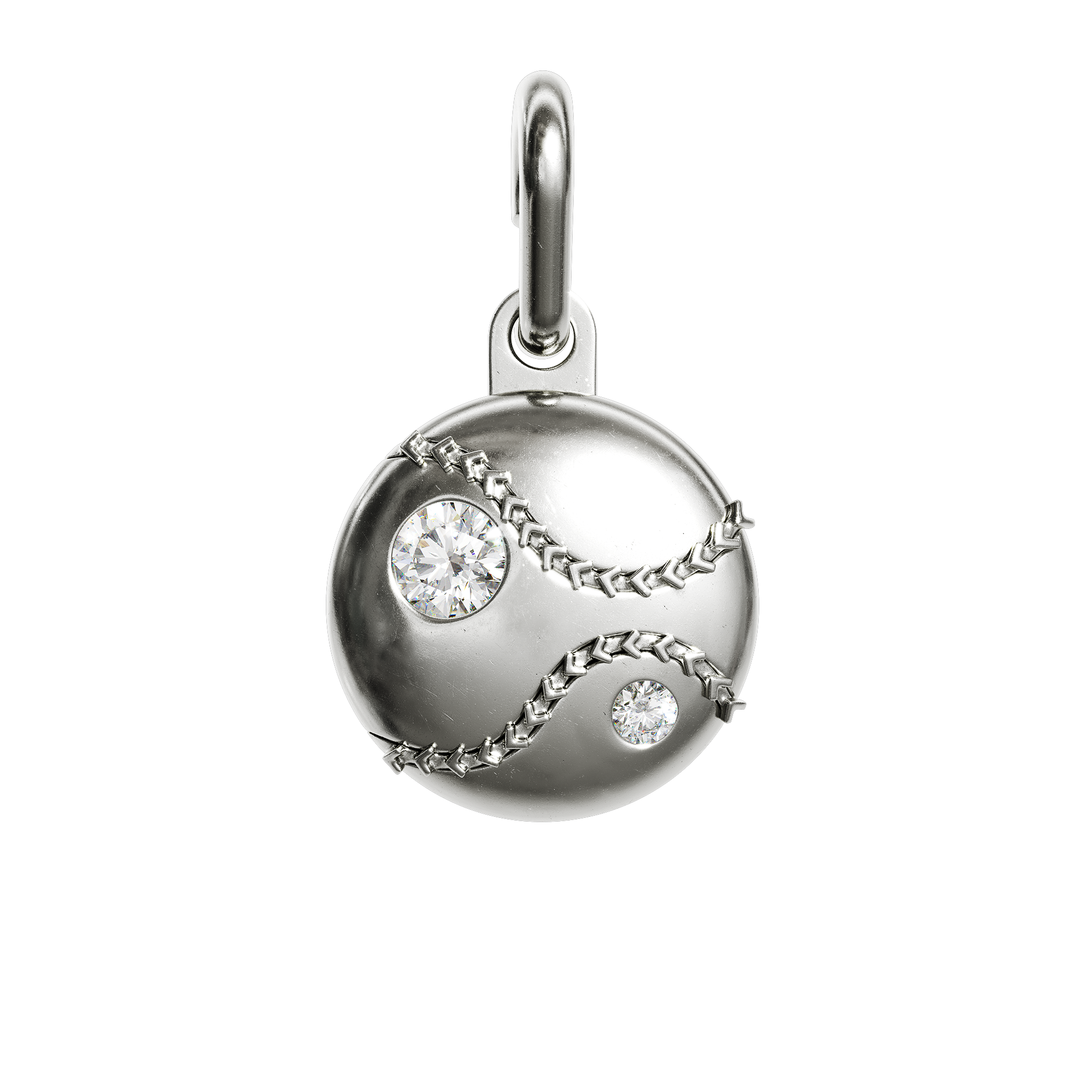 A detail of Baseball Pendant With Stones in Silver